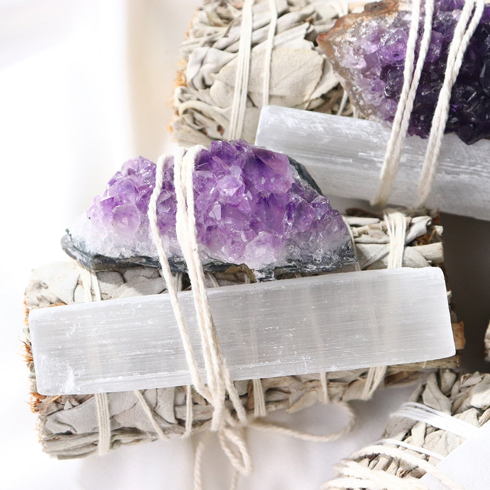 Amethyst Cluster Crystal and Wand with White Sage Incense - luxuriously bliss creations